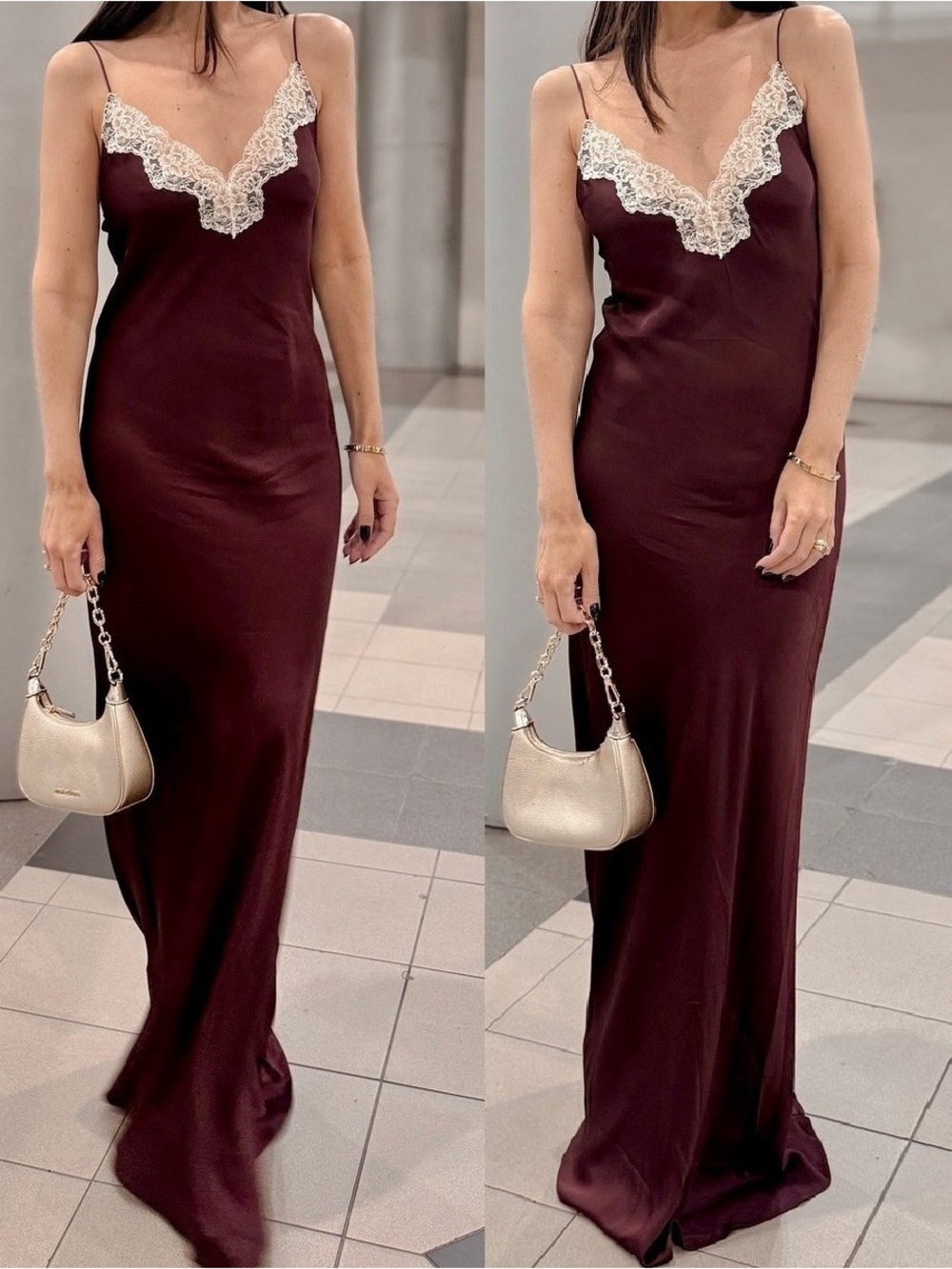 Zara Burgundy Maxi Slip Dress with Ivory Lace Trim
